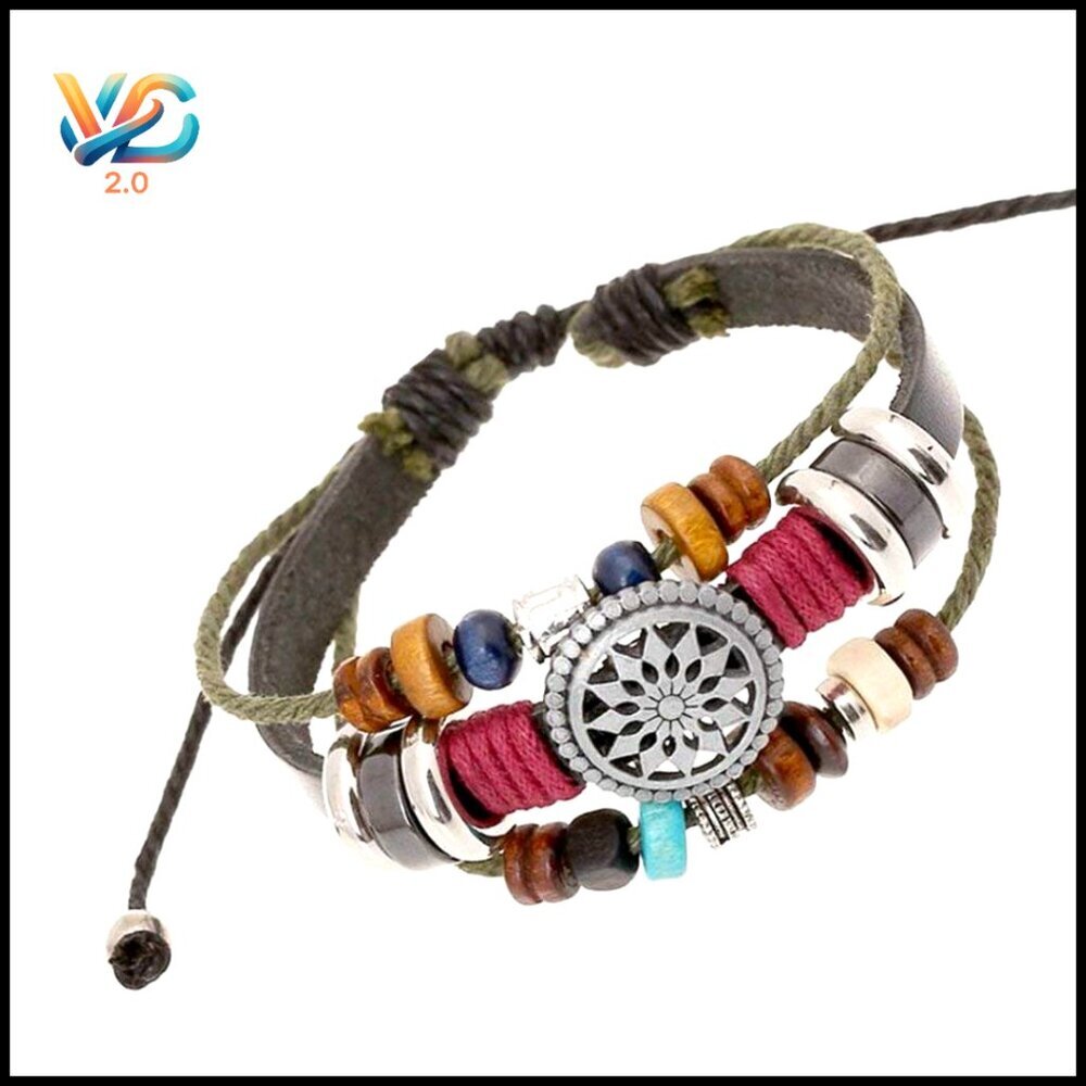 Vintage Bohemian Beaded Wrap Bracelet, Leather & Alloy, Unisex‎ Multilayer